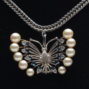 Silver, Blue Rhinestones & Pearl Choker Butterfly Necklace